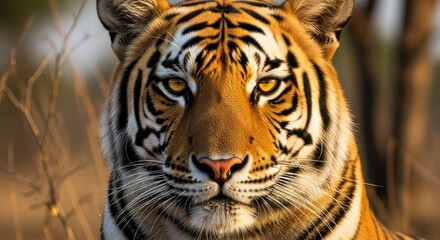 Fototapeta premium Close-up of a majestic tiger's face with intense golden eyes and striking orange and black stripes in the wild