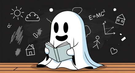 Happy cartoon ghost reads a book. Behind, a chalkboard displays diverse chalk drawings math, houses, sun, clouds