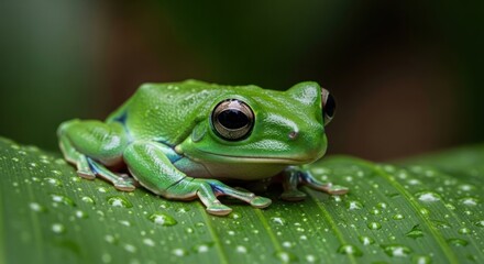 Vibrant green tree frog with large dark eyes sits on a rain-kissed leaf, surrounded by lush, blurred nature
