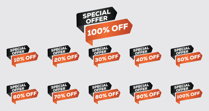 3D special offer 100% off banner – orange and white sale stickers, bold typography, modern minimalist design, retail promotion