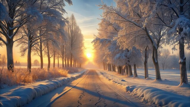 Golden sunrise illuminates snow-lined avenue