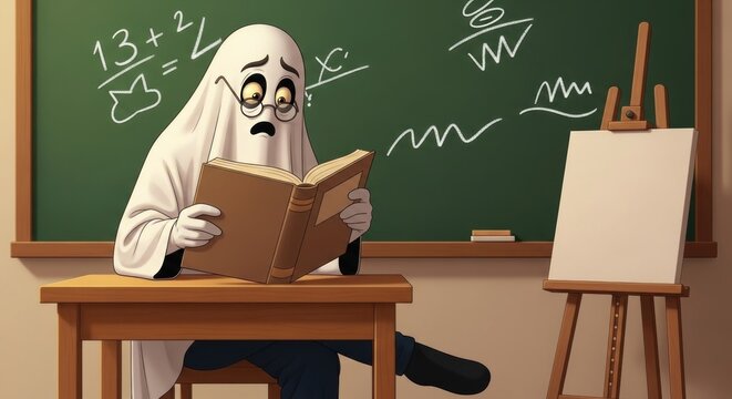 A ghost in glasses nervously reads a book at a desk in a classroom - Powered by Adobe