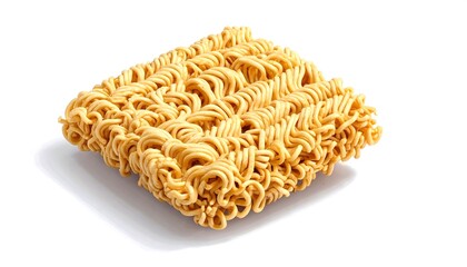 Close-up shot of raw instant ramen noodles on a white background