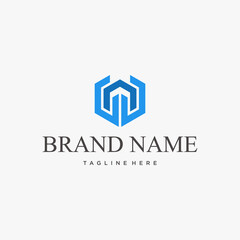 Geometric blue logo design featuring a stylized building within a hexagonal shape, with brand name.