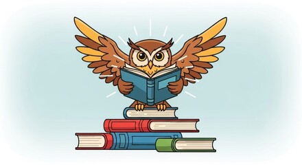 Wise owl with wings spread, reading a book perched atop a stack of colorful volumes