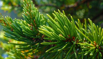 Close-up shot of a vibrant green pine tree branch with sunlight on the needles