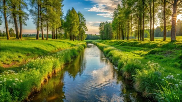 Water flowing through a narrow ditch in a green field with tall trees and wildflowers
