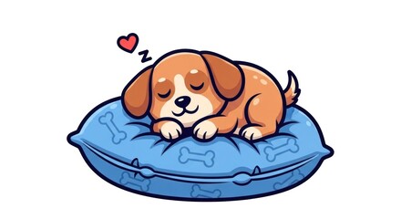 Adorable brown cartoon puppy peacefully sleeps on a blue pillow adorned with white bones, a heart and 'Zzz'