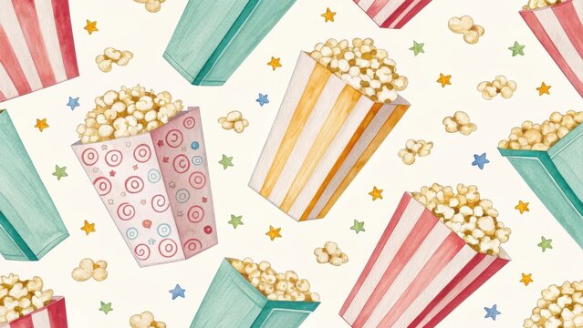 Softly glowing watercolor design featuring colorful popcorn boxes in a seamless repeating pattern