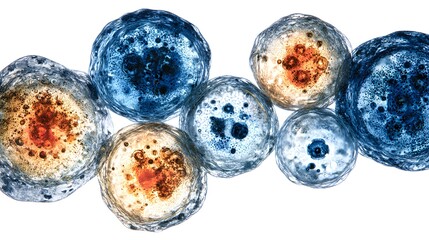Detailed microscopic illustration showcasing a collection of biological cells, each with a distinct core, vibrant hues, and a translucent appearance, arranged together with a bright white backdrop,...