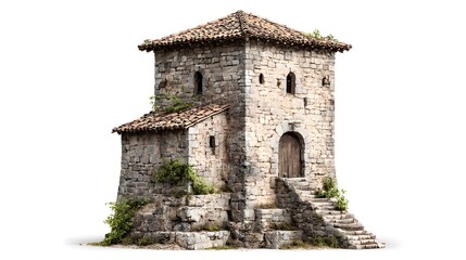 Obraz premium A detailed, three-dimensional rendering displays a weathered stone structure resembling a medieval tower, complete with a tiled roof, small windows, and an arched wooden doorway, offering an aged...