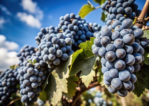 Harvest-ready Nebbiolo grapes with luscious texture and vibrant green leaves surrounding them