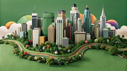 Vibrant American landscape with stylized skyscrapers and jazz-inspired abstract shapes