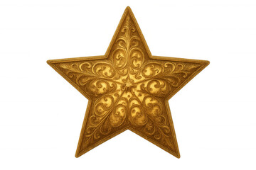 Ornate golden star ornament with intricate filigree pattern, elegant festive decoration, isolated with transparent background