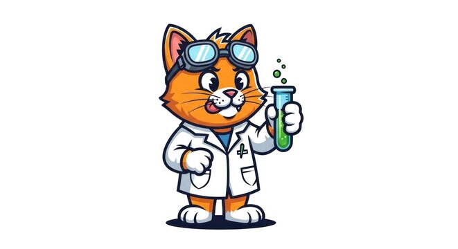 Cute orange cartoon cat, a scientist wearing goggles, holds a bubbling green test tube with a curious look