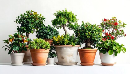 Collection of various potted plants against a white background