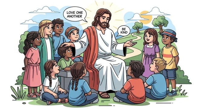 A serene man in a robe teaches a diverse group of attentive children outdoors, spreading love and kindness