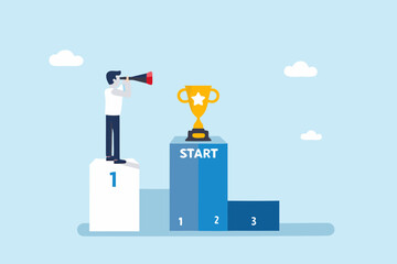 Man with telescope on podium looking towards start line and trophy symbolizing ambition and future success