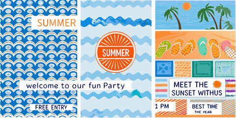 Summer party invitation with tropical beach scene and fun graphics