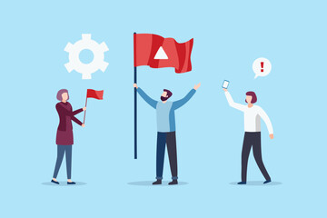 Team celebrating success with a large red flag and a gear icon representing teamwork and achievement