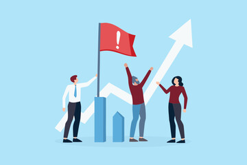 Team celebrating reaching the goal with a red flag and upward trending graph