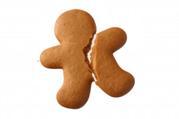 Gingerbread man cookie broken in half, symbolizing heartbreak and separation, isolated over transparent background