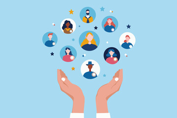 Diverse group of people portraits floating above caring hands in a stylized illustration