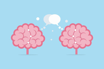 Two pink cartoon brains communicating with speech bubbles and thought bubbles on a light blue background