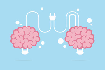 Two connected brains with lightbulbs underneath symbolizing shared ideas and intellectual connection