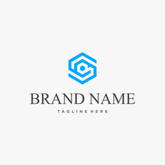 A modern and minimalist blue hexagonal logo featuring interlocking S-shaped lines, with placeholder text for a brand name and tagline.