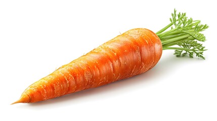 Freshly harvested orange carrot, complete with vibrant green leafy tops, resting on a white background, offering a -style shot ideal for dietary and culinary compositions.