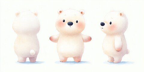 Three cute polar bears are standing in a row. The bears show different poses now.