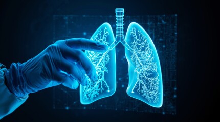 Ddoctor's hand, wearing a sterile blue surgical glove, interacting with a glowing, blue holographic projection of the human lungs. 