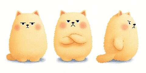 Three fluffy characters showing distinct moods, rendered in a cute animation style.
