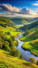 Beautiful serene valley landscape with rolling hills and a river flowing through it
