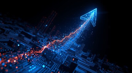 The arrow is constructed of vibrant, wireframe blue light, transitioning to a bright, fiery orange or amber glow at the arrowhead, conveying momentum and achievement. 