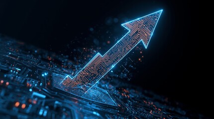 The arrow is constructed of vibrant, wireframe blue light, transitioning to a bright, fiery orange or amber glow at the arrowhead, conveying momentum and achievement. 