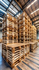 Reclaimed wooden pallets used as a construction material on a industrial warehouse floor