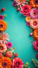 Vibrant pink and orange flowers bloom in a beautiful floral border on a serene teal background