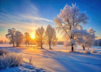 Serene frozen landscape with frost-covered trees and a bright sun rising over the horizon in a winter wonderland