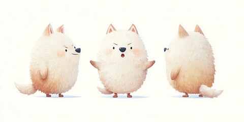 Three fluffy dog characters with angry expressions standing in a clean studio light.