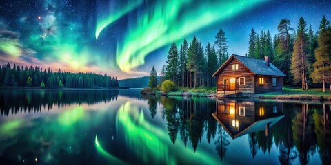 Serene forest surroundings with a wooden cottage illuminated by soft moonlight amidst a lake at midnight under the aurora borealis display