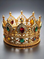 Regal gold crown with intricate filigree and precious gems