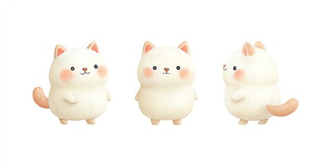 A trio of adorable fluffy kittens strike charming poses against a white backdrop.