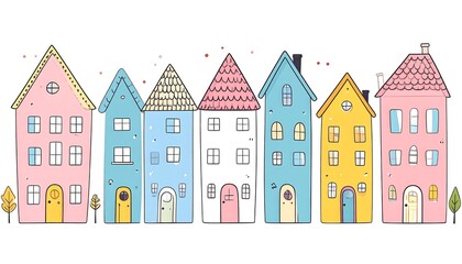 Colorful hand-drawn houses in a row for home decor or illustration