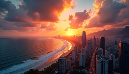 Sunset over city and ocean.