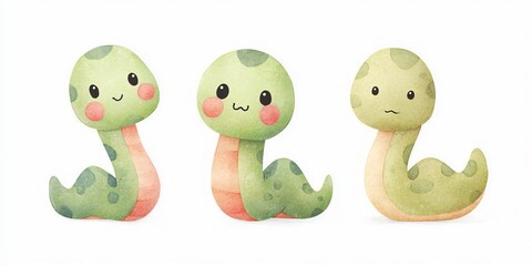 Naklejka premium Three cartoon snakes posing with cheerful expressions in a friendly setting.