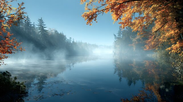 Tranquil morning scene featuring a calm lake reflecting surrounding trees and a misty atmosphere, with branches of vibrant orange autumn foliage framing the clear blue sky, creating a peaceful and... - Powered by Adobe