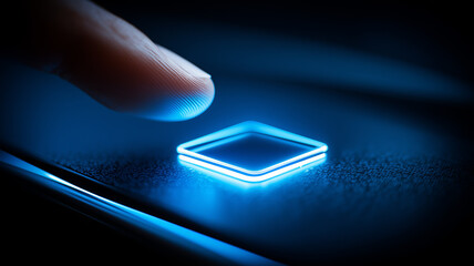 A tactile touch interface with a fingertip approaching an illuminated control symbolizing seamless human computer interaction, instant activation, and intuitive user experience
