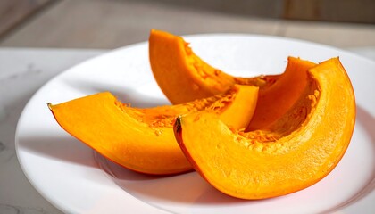 Close-up Shot of Freshly Cut Pumpkin Slices Served on a White Plate